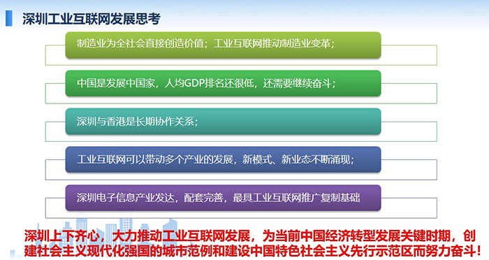 制造業為全社會直接創造價值;工業互聯網推動制造業變革;工業互聯網可以帶動多個產業的發展,新模式、新業態不斷涌現; 工業互聯網可以帶動多個產業的發展,新模式、新業態不斷涌現;深圳上下齊心,大力推動工業互聯網發展, 為當前中國經濟轉型發展關鍵時期,創建社會主義現代化強國的城市范例和建設中國特色社會主義先行示范區而努力奮斗!